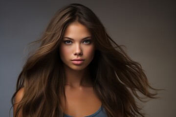 Fototapeta premium A woman with long brown hair and a blue shirt