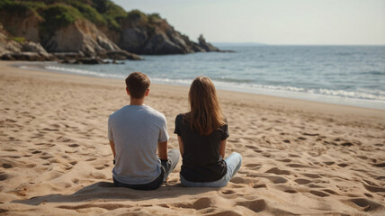 Contemplative man and woman sitting on the tranquil beach, gazing at the sea during sunrise or sunset, view from back, full hd, focus on boy and girl, view from behind