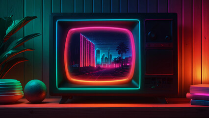 Obraz premium Retro wave 80s background. Old TV on wooden shelf, colorful neon lights