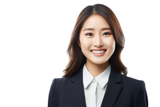 Asian woman businesswoman smiling on transparent background. World of work. Asian country. Asian women. Recruitment. Job offer. Image for graphic designer. China. Japan.