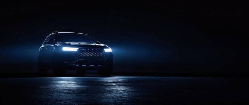 A dark blue SUV vehicle with headlights on is illuminated against the background of darkness captures the sleek lines and design details of the automobile Generative AI