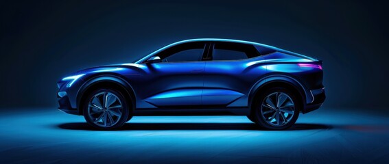 A detailed photograph of an electric SUV car in blue color, illuminated by the headlights against a dark background Generative AI