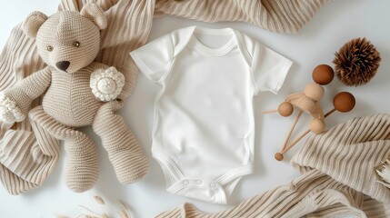 White cotton baby short sleeve bodysuit, teddy bear and natural wooden toy on beige blanket throw background. Infant onesie mockup. Blank gender neutral newborn bodysuit mock up template