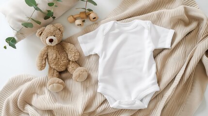 White cotton baby short sleeve bodysuit, teddy bear and natural wooden toy on beige blanket throw background. Infant onesie mockup. Blank gender neutral newborn bodysuit mock up template