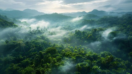 Misty Morning Over Lush Tropical Rainforest with Rolling Hills