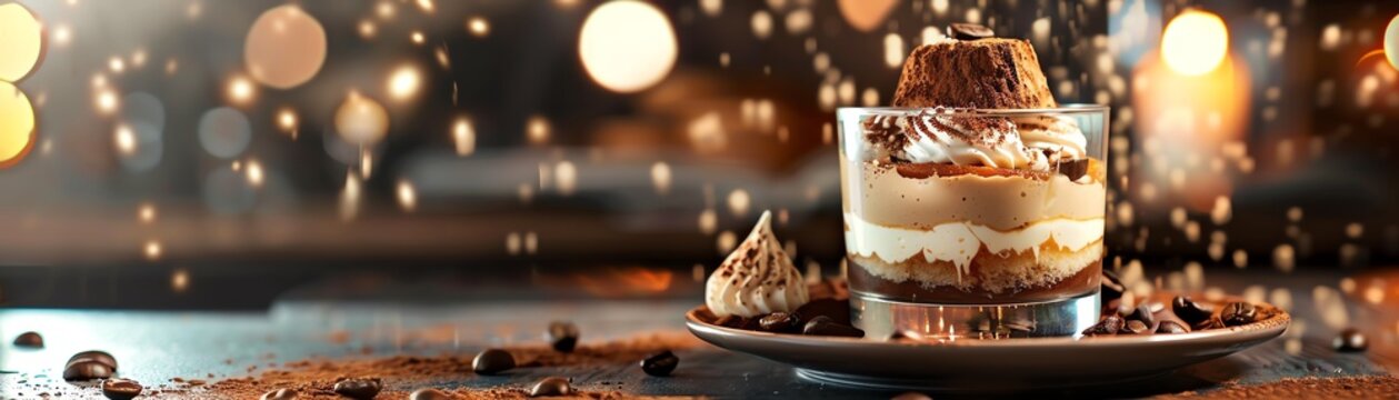 A vibrant image of Italian tiramisu, with its layers of mascarpone cheese, coffeesoaked ladyfingers, and cocoa powder, served in a stylish glass with an elegant backdrop