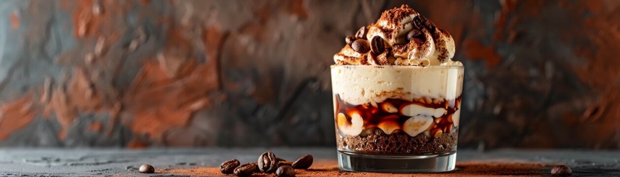 A vibrant image of Italian tiramisu, with its layers of mascarpone cheese, coffeesoaked ladyfingers, and cocoa powder, served in a stylish glass with an elegant backdrop