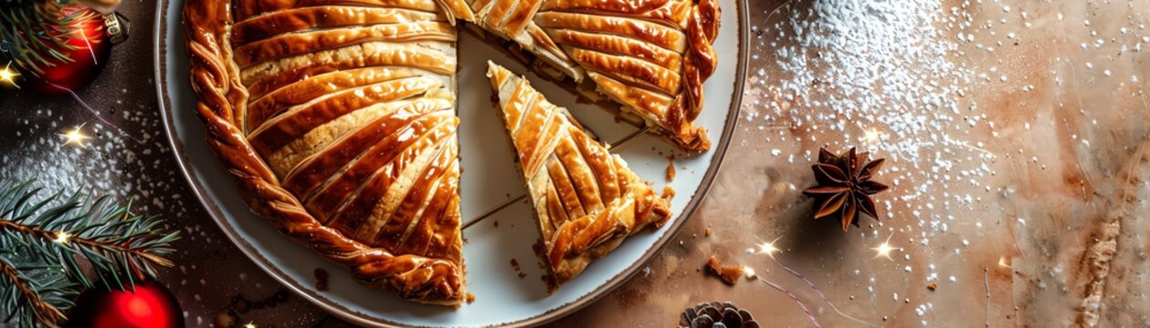 A vibrant shot of a French galette des rois, with its golden, flaky crust and almond filling, arranged on a stylish plate with a festive backdrop