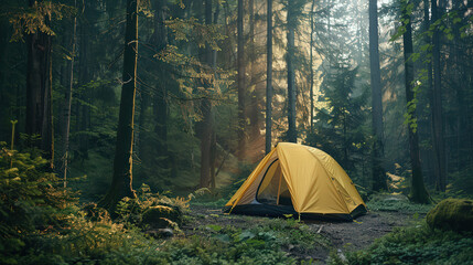Camping tent in a summer forest park with green trees and nature