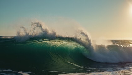 Fototapeta premium A mesmerizing moment of nature's power unfolds as a colossal wave engulfs a serene coastline