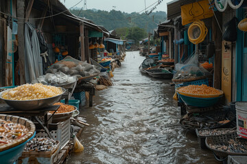 Fishing village with nets and freshly caught seafood 