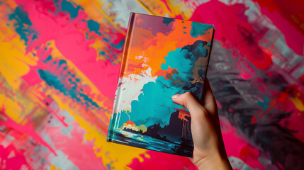 Fototapeta premium Hand Holding a Colorful Comic Book Against Vibrant Background