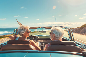 Mature couple taking a drive in their convertible on the coast
