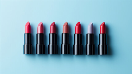 Obraz premium Collection of Diverse Lipstick Shades on Light Blue Background