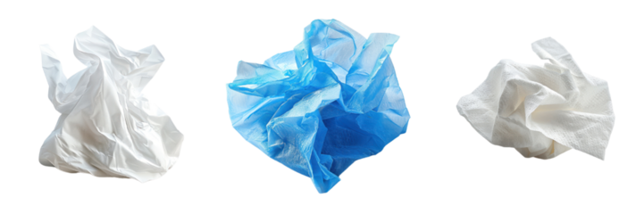 Crumpled paper and plastic bags on a white background, illustrating environmental waste and recycling concepts.