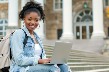 Young smiling black woman using a computer on university stairs