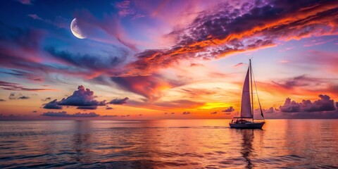 Sailing into a Crimson Sunset with a Crescent Moon, Sailboat, Ocean, Twilight Sky, Sunset, Seascape,  Water