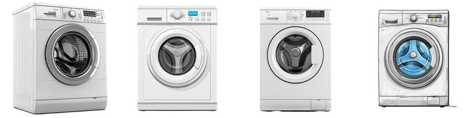 Modern front-load washing machines with various styles. Ideal for laundry room and home appliance presentations.