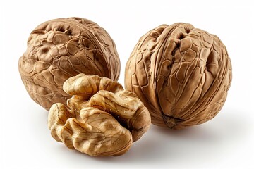 Fototapeta premium Close-Up of Whole and Shelled Walnuts on a White Background
