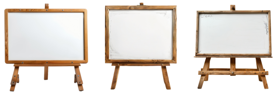 Set of three wooden framed blank whiteboards on stands, ready for customization or presentation, isolated on white background.