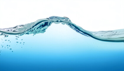 A single, gentle wave crests above a light blue body of water. Bubbles ascend