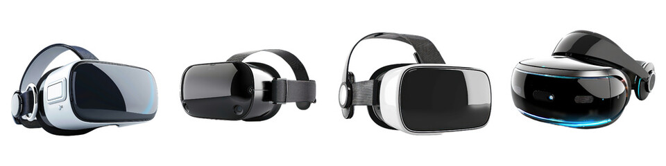 Collection of virtual reality headsets lined up in a row, showcasing modern VR technology and gaming equipment.