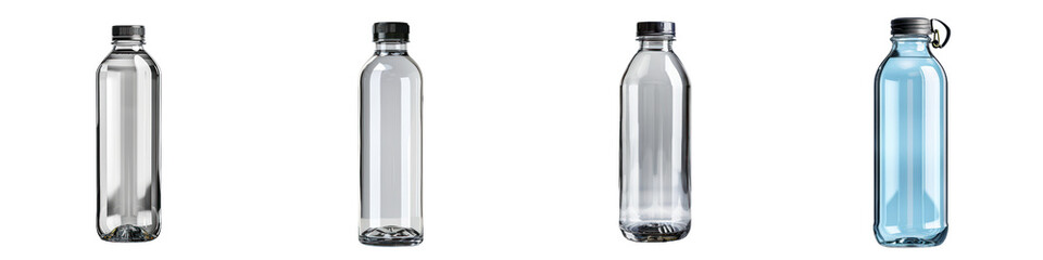 Set of four isolated glass water bottles, showing different colors and designs, on a plain white background.