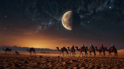 A long line of camels with people against a giant half-moon in the night sky in the middle of the Sahara desert. Islamic New Year and Eid Al-Adha theme