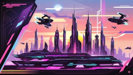"Futuristic Cyberpunk City Skyline at Sunset: A Neon-Lit Urban Landscape with Flying Vehicles and Geometric Glows"