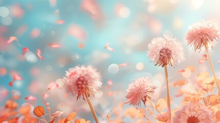 Abstract Pink Dandelion Field in Sunset Light