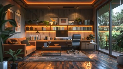 A home-inspired office with cozy furniture, warm lighting, and personal touches.