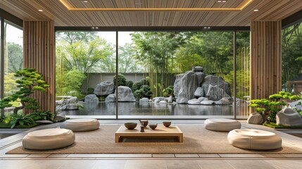Fototapeta premium A Zen-themed office with bamboo furniture, water features, and meditation areas.
