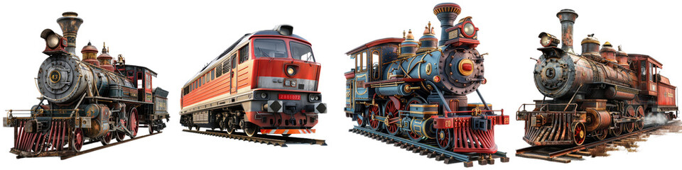 Collection of vintage steam and modern diesel locomotives, showcasing the evolution of train technology over the years.