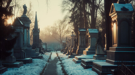 A tranquil graveyard in winter, with snow lightly covering the ground and monuments. 