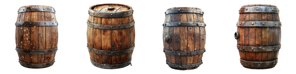 Fototapeta premium A set of four rustic wooden barrels of varying conditions, showcasing different perspectives against a white background.