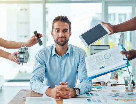 Hands, portrait and man in office, schedule and smile of accountant, calm and deadline. Time management, corporate or multitasking for agency, busy and goal of investment with finance for project
