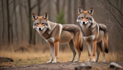 Fototapeta premium Wild coyotes or wolf standing in wild nature