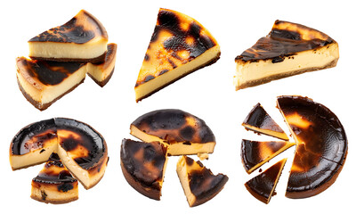 Set of burnt crustless Basque cheesecake cake pastry dessert, on transparent cutout, PNG file. Many assorted different angles, stack, broken, slice, pile. Mockup template for artwork
