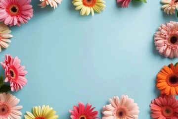 Fototapeta premium Vivid Gerbera Daisy Border on Pastel Blue Background for Springtime Design. Horizontal banner with copy space