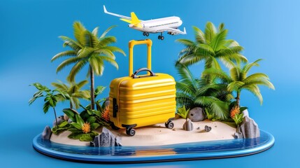 Obraz premium Concept of a tropical getaway with a yellow suitcase, palm trees, and an airplane flying over an island on a blue background.
