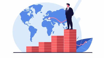 Growth of international finance flat design, side view, globalization theme, cartoon drawing, Complementary Color Scheme, very detailed, a high-resolution photo