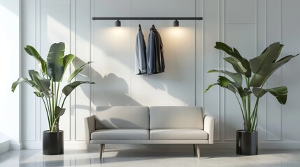 Interior of modern room with sofa and hanger with stylish jackets near light wall
