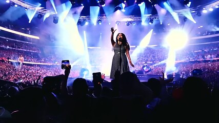 beautiful female pop star singer giving music concert performance in a huge crowded stadium