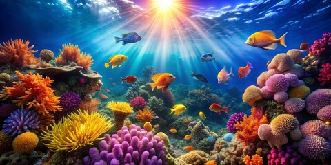 Naklejka premium Underwater Paradise Vibrant Corals and Fish, Sunrays Illuminating the Reef, Digital Art, Coral Reef, Tropical Fish, Underwater World