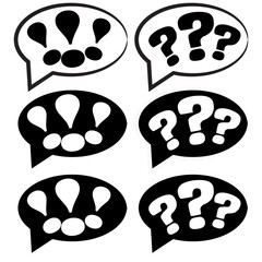 Question marks and exclamation points in speech bubbles, in black and white and black with a knockout isolated on white or transparent background, questioning or surprised graphic
