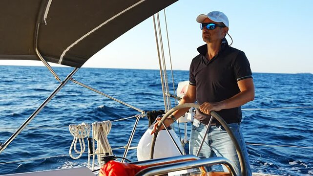 Young man captain stands at the helm and controls a sailboat during a journey by sea