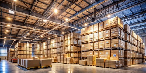 Warehouse Interior with Stacked Cardboard Boxes, Wide Shot, Industrial Interior, Storage Space, Logistics  , warehouse, storage