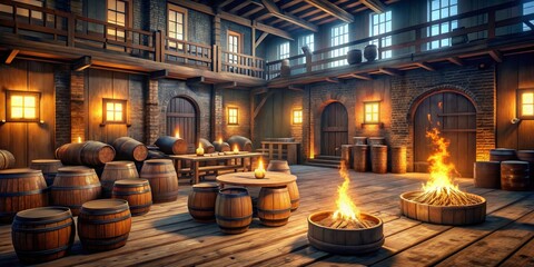 Warmth of the Fire in a Rustic Tavern, 3D Render, Wood, Fire, Tavern,  Barrels