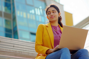 Indian female learner with a computer, sitting on campus stairs, engaged in online education