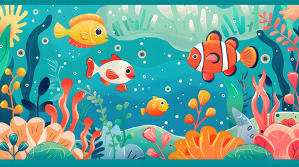Obraz premium Underwater scene in a flat design style cartoon children illustration